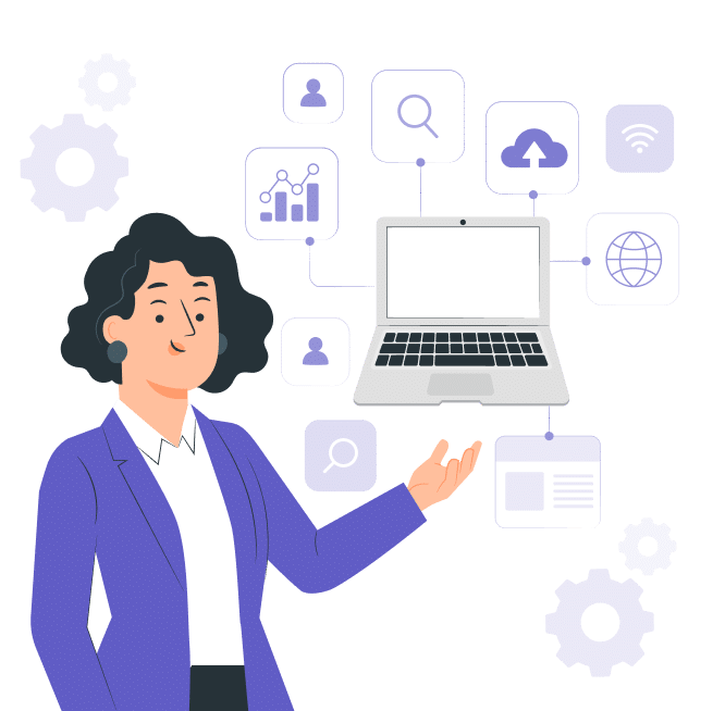 Illustration einer Frau im Business-Outfit, die ein Laptop präsentiert, umgeben von Symbolen für Vernetzung, Datenanalyse und Cloud.