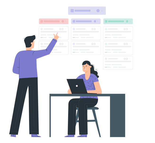Illustration eines Mannes, der auf ein digitales Task-Board zeigt, während eine Frau am Laptop arbeitet.